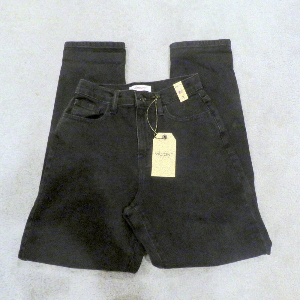 New NWT Vibrant MIU Style# P1635 Black High Rise Distressed Jeans Size 3 (W25)